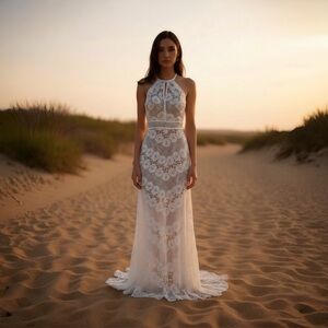 Morgan and Co Fancy White Lace Halter Dress